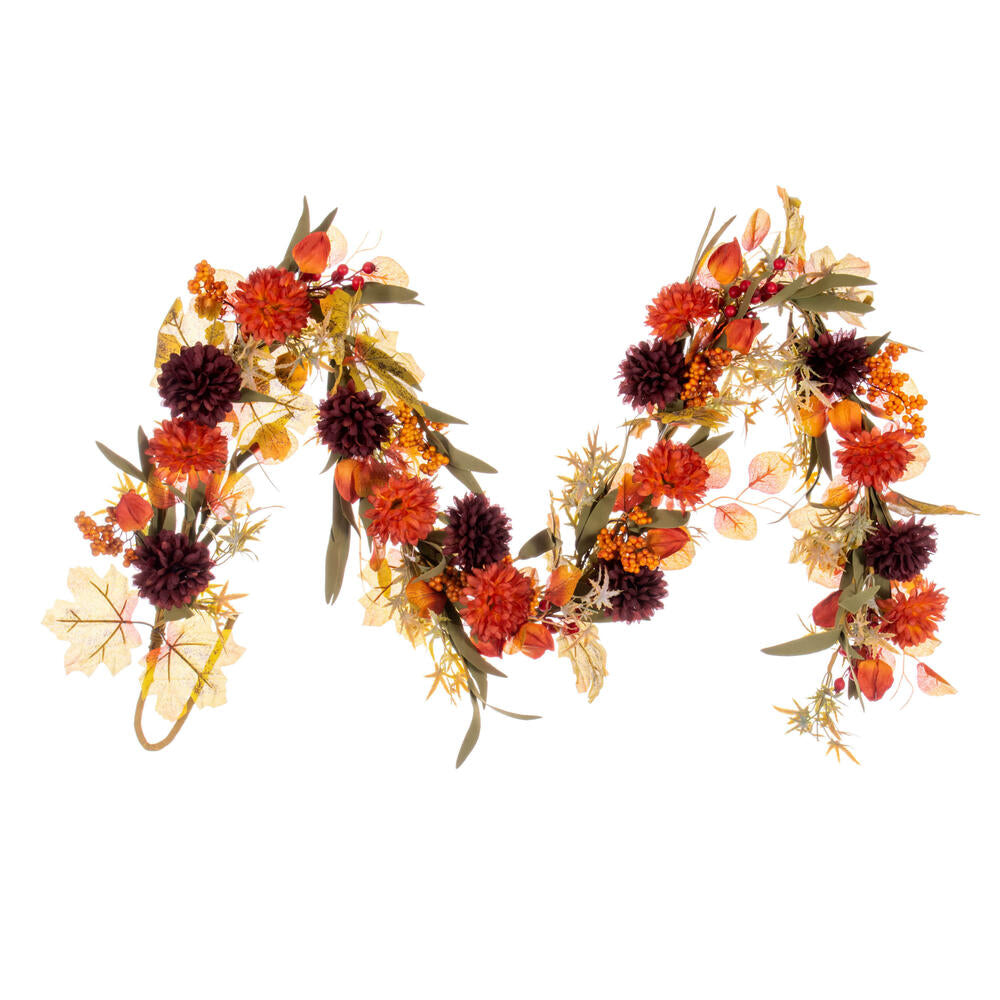 5FT Orange and Burgundy Artificial Mixed Mum - Chinese Lantern - Berry Garland