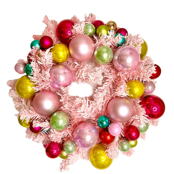 19" FLOCKED WREATH PINK RAINBOW