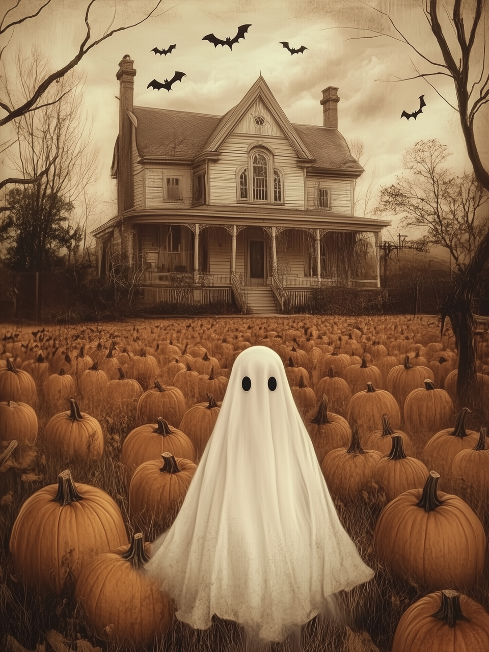 18X24 GHOST IN PUMPKIN FIELD BOXWOOD FRAME