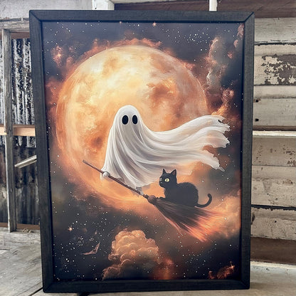 18x24 FLYING GHOST BROOM CAT - BOXWOOD FRAME