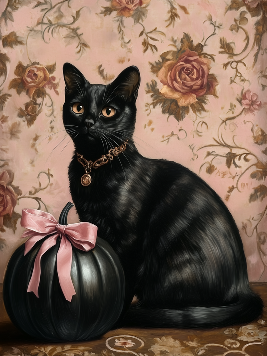 18x24 BLACK CAT WITH PUMPKIN - BOXWOOD FRAME