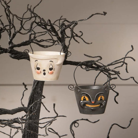 Bethany Lowe Boo & Cat Teeny Halloweenie Pail Ornaments, Set Of 2