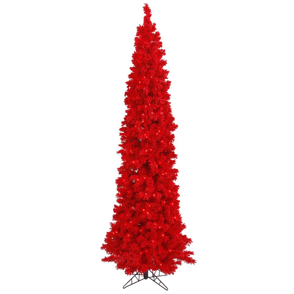 Vickerman 7.5' Flocked Red Pencil Fir Artificial Christmas Tree, Red Led Lights