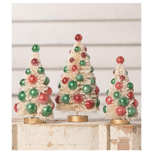 Bethany Lowe White Bottle Brush Trees With Red And Green Beads Set Of 3