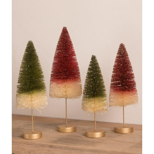 Bethany Lowe Traditional Bottle Brush Trees With Gold Glitter Set Of 4