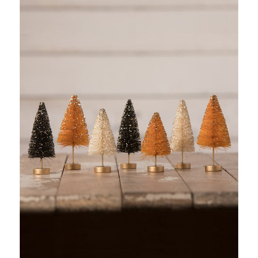 Bethany Lowe Mini Halloween Bottle Brush Trees With Gold Glitter Set Of 7