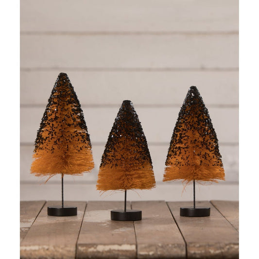 Bethany Lowe Orange Bottle Brush Trees With Black Glitter Set Of 3