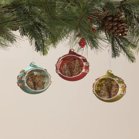 Bethany Lowe Sprinkles Tree Diorama Glass Ornaments, Set Of 3