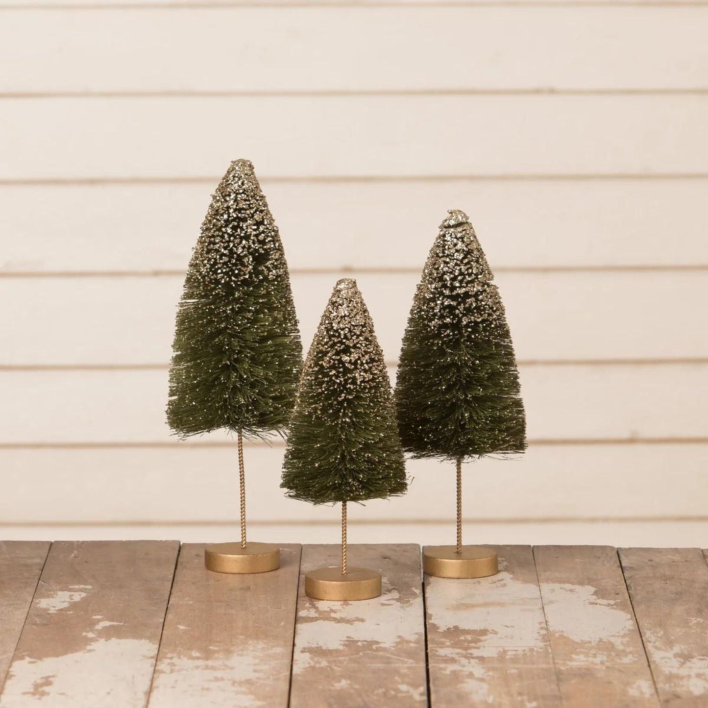 Bethany Lowe Gold Glow Bottle Brush Trees, Set Of 3