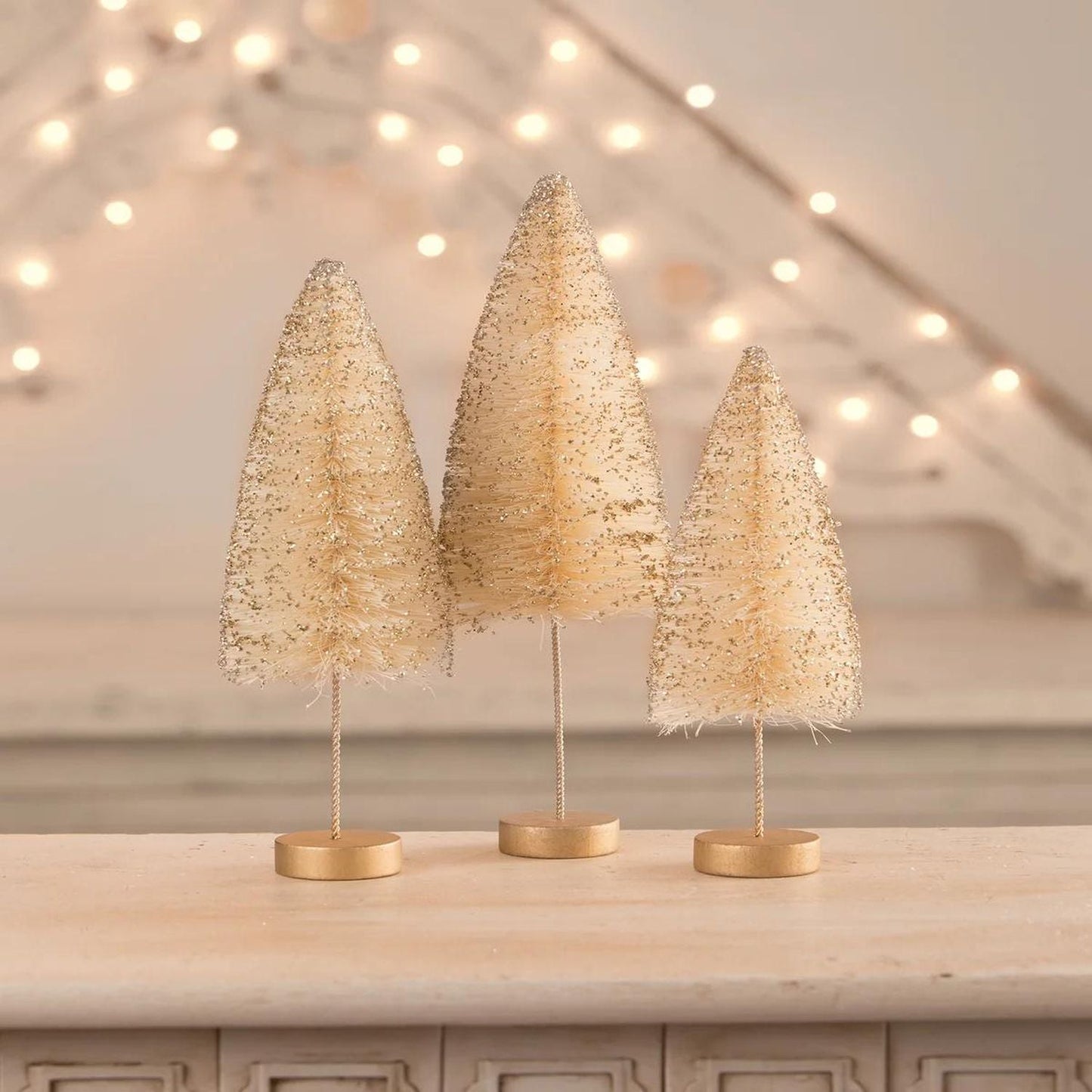 Bethany Lowe Gold Glow Bottle Brush Trees, Set Of 3