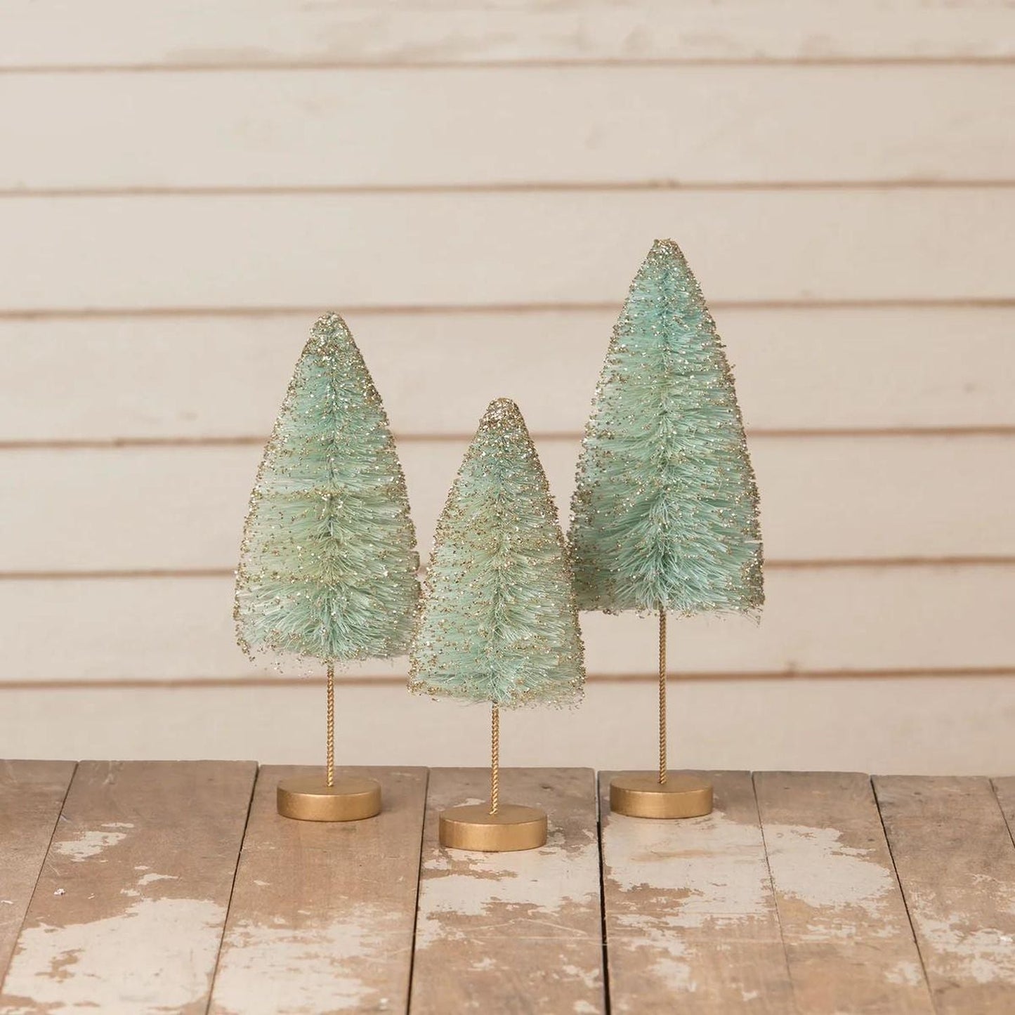 Bethany Lowe Gold Glow Bottle Brush Trees, Set Of 3