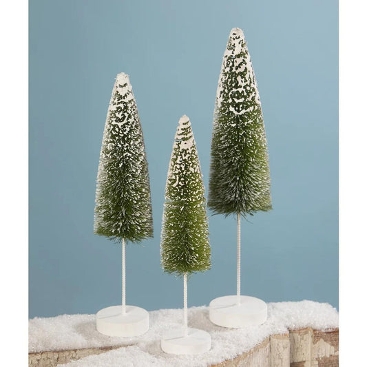 Bethany Traditional Christmas Snow Covered Green Bottle Brush Tree, Set Of 3.