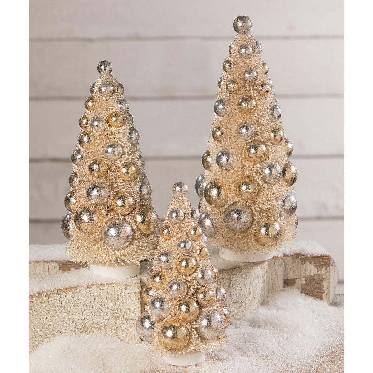 Bethany Lowe Silver & Gold Bottle Brush Trees Set Of 3