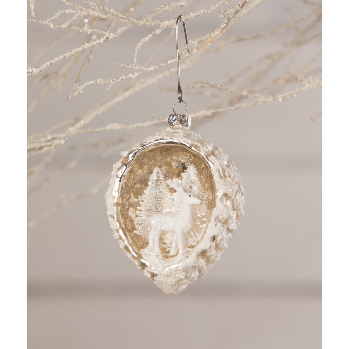 Bethany Lowe Winter Wonderland White Deer Pinecone Indent Ornament