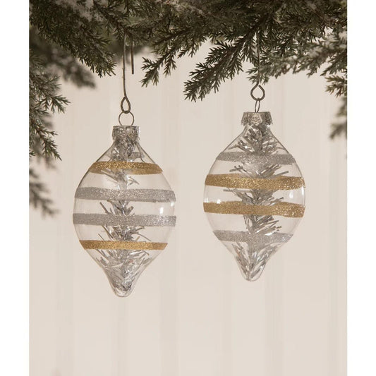 Bethany Peaceful Christmas Platinum & Gold Striped Glass Ornament Set Of 2  Ast.