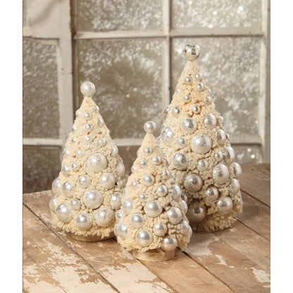 Bethany Lowe Ivory Platinum Bottle Brush Trees Set Of 3.