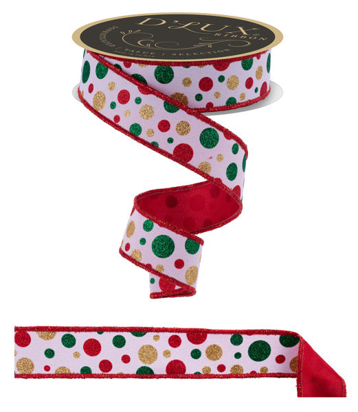 1.5"X10YD MULTI POLKA DOT/FUSED WHITE/RED/GOLD/EMERALD