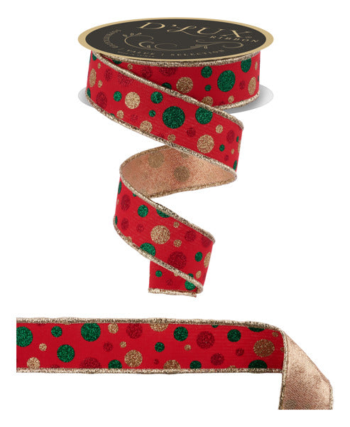 1.5"X10YD MULTI POLKA DOT/FUSED RED/GOLD/EMERALD