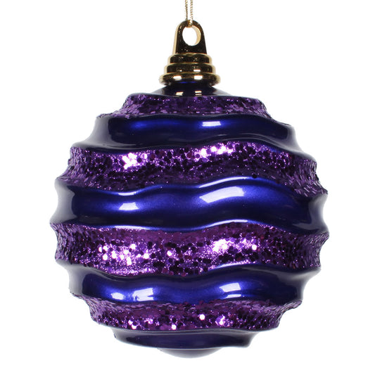 6" Purple Stripe Candy Finish Wave Ball Christmas Ornament with Glitter Accents