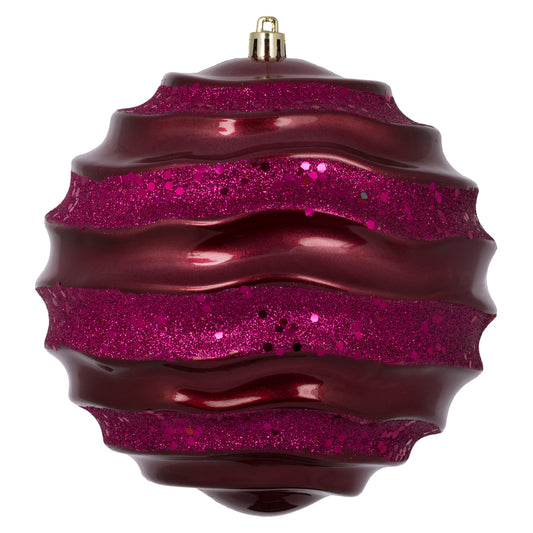 6" Berry Red Stripe Candy Finish Wave Ball Christmas Ornament with Glitter Accents