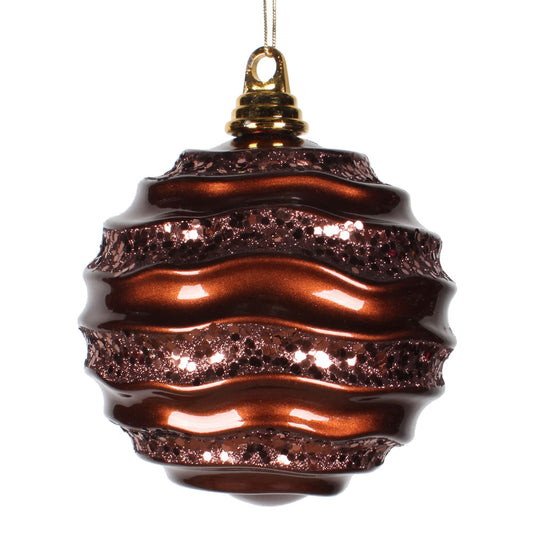 6" Chocolate Stripe Candy Finish Wave Ball Christmas Ornament with Glitter Accents