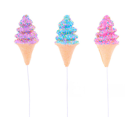 12" GLITTER ICE CREAM CONE PICK BLUE, HT PINK, PPL