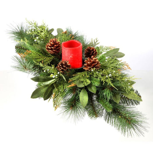 26-Inch Juniper, Cedar, Mixed Pine/Bayleaf/ Cone Candle Ring w/ 3" Candle Holder