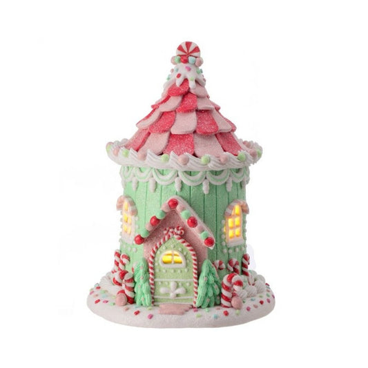 Santa's Sweet Shoppe Collection Candy Jar House Figurine, 10 inches, Green Pink