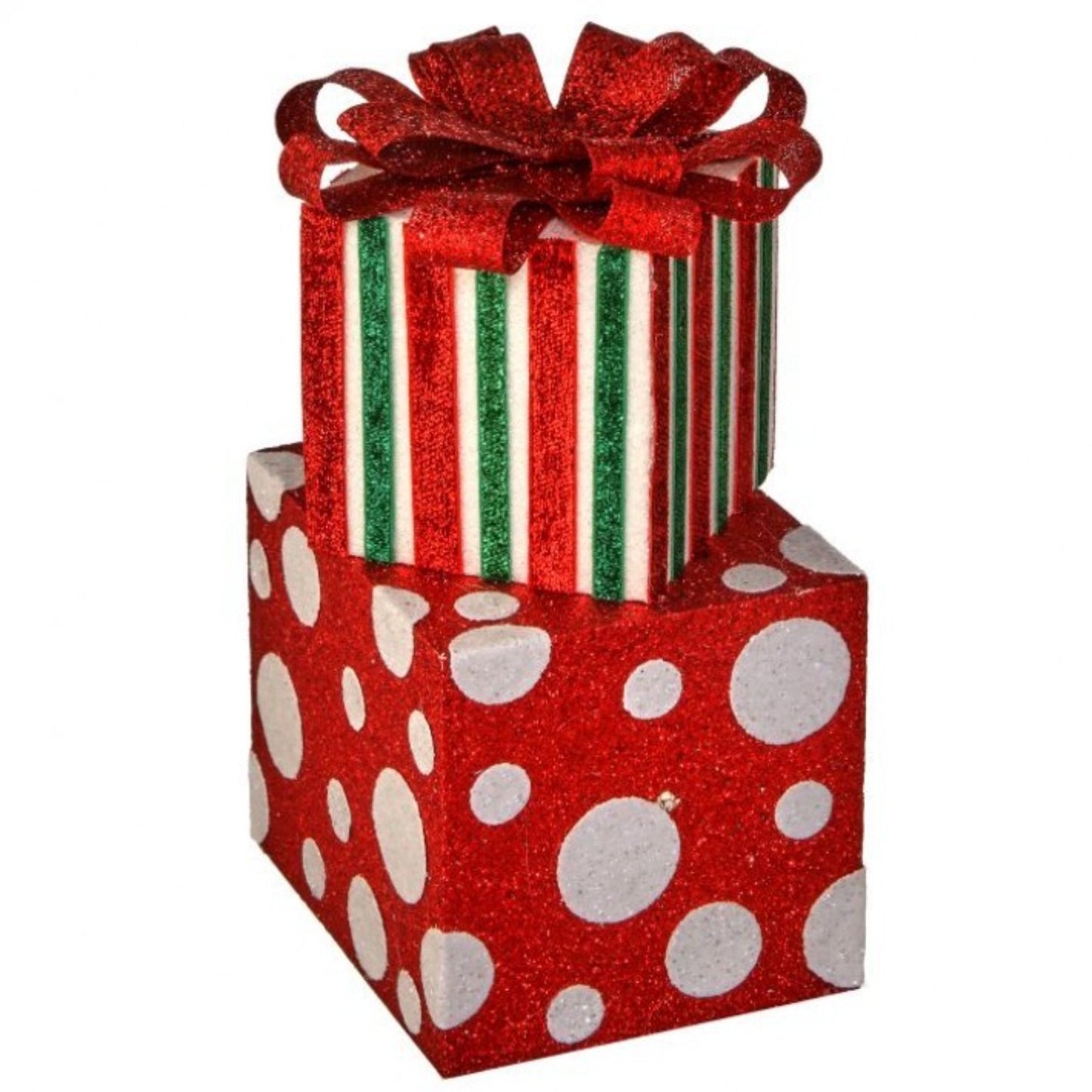 Christmas Carousel Collection 12.5" Sparkle Strip/Dot Gift Box Stack with Bow