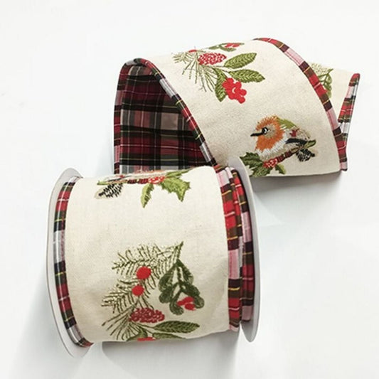 Regency International 4"X5Y Robin/Holly/Mislt Emb Cotton Ribbon