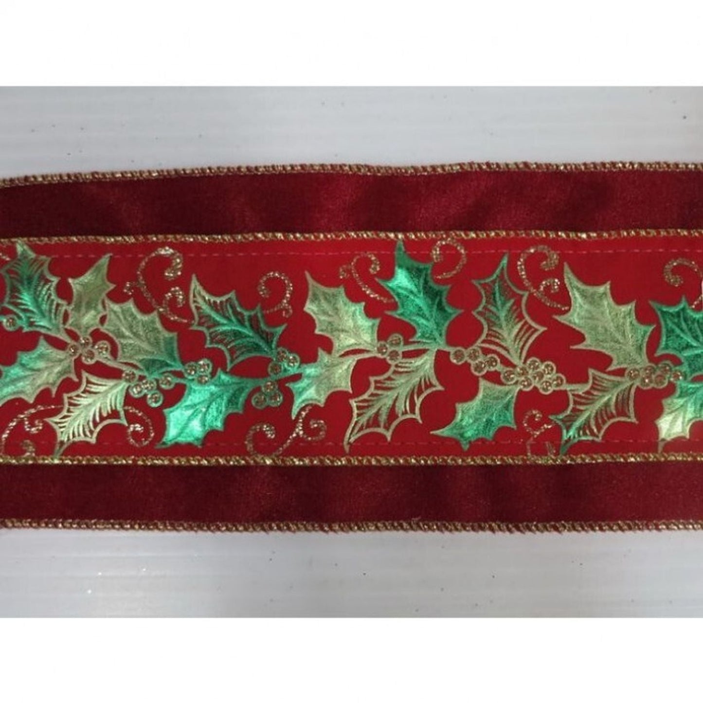 Regency International 4"X10Y Velvet W/Metallic Holly Overlay Ribbon