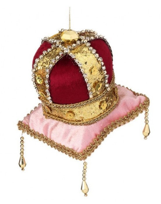 ROYAL COURT 5.5" Velvet Jewel Crown on Pillow Ornament -  Burgundy Crown