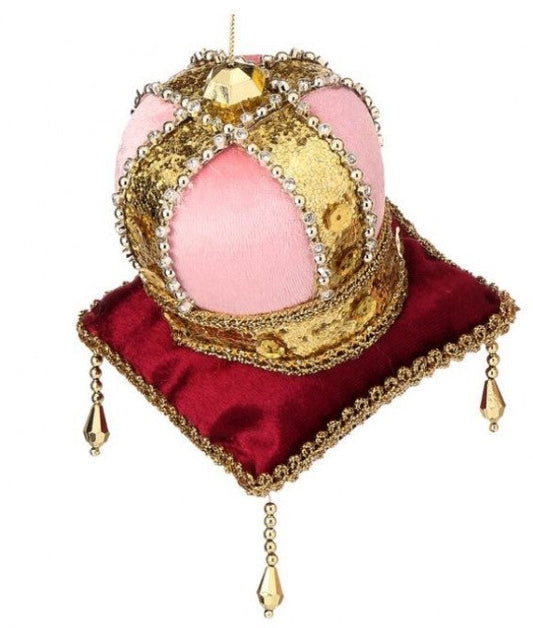 ROYAL COURT 5.5" Velvet Jewel Crown on Pillow Ornament - Pink Crown