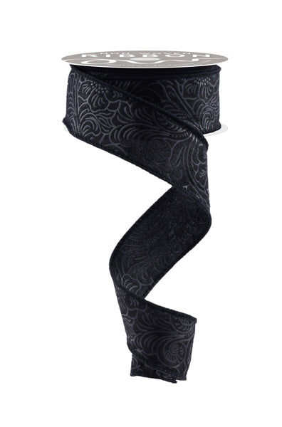 1.5"X10YD FLORAL/LEAVES BLACK