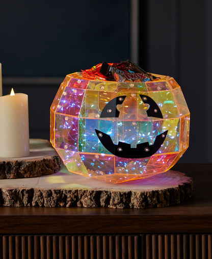 Iridescent Halloween Pumpkin Candy Box 9", LED lights