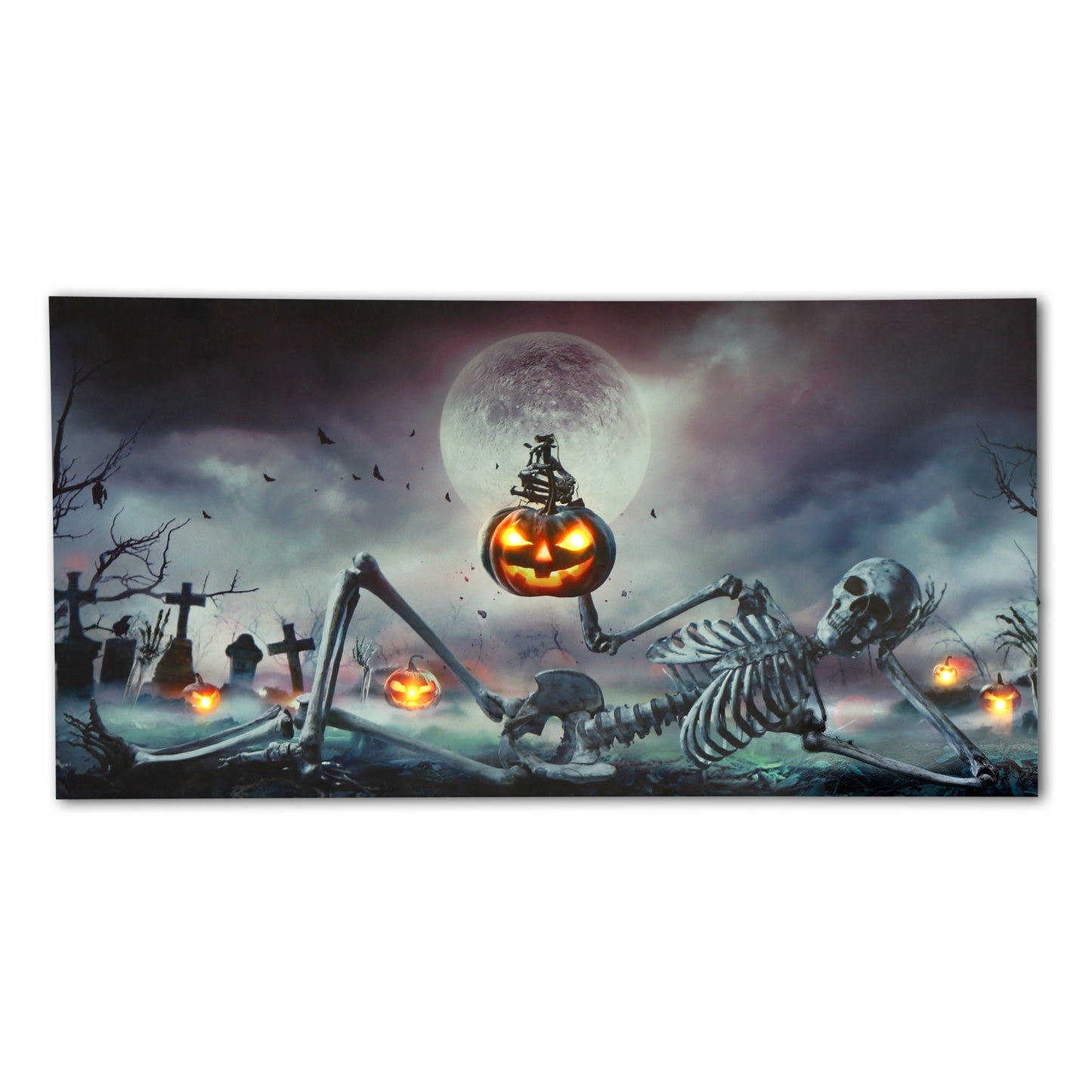 24" LIGHT UP Skeleton with Pumpkin Wall Art