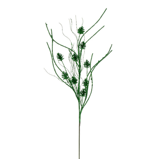 32" Green Mini Pinecone Twig Glitter Spray