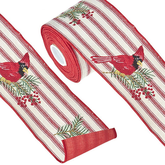 Raz 2022 4" X 10 Yards Ticking Stripe Cardinal Embroidered Wired Ribbon