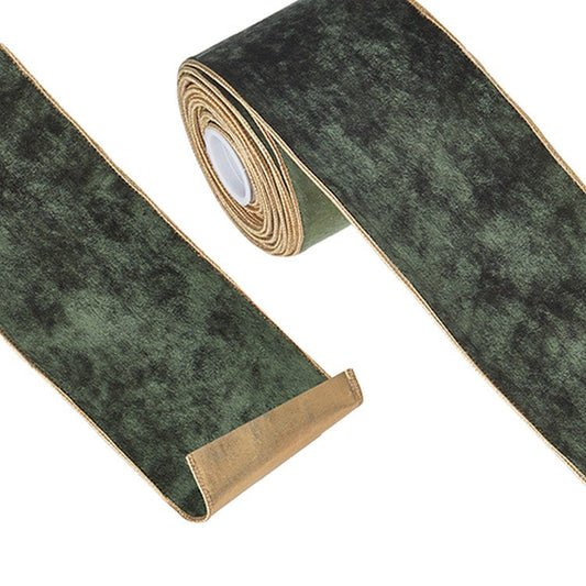 Raz Imports 2022 4" X 10 Yards Green With Gold Trim Velvet Wired Ribbon.