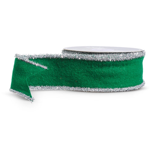 2.5" x 10 Yds Green Felt Ribbon with Tinsel Trim