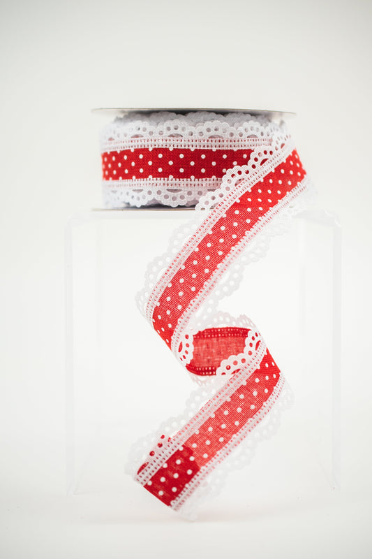 1.5"X10YD RAISED SWISS DOTS W/LACE Color: RED/WHITE