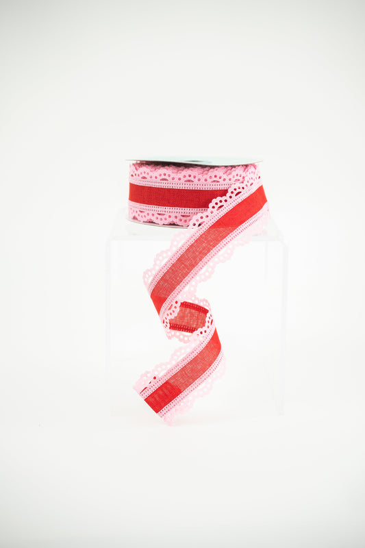 1.5"X10YD SCALLOPED EDGE ROYAL BURLAP Color: LIGHT PINK/RED