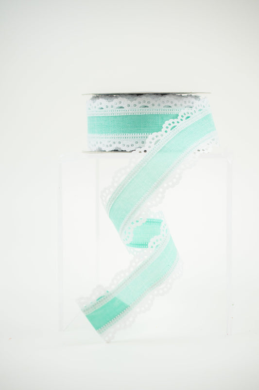 1.5"X10YD SCALLOPED EDGE ROYAL BURLAP Color: WHITE/MINT GREEN