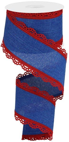 2.5"X10YD LACE EDGE ROYAL BURLAP RED/ROYAL BLUE