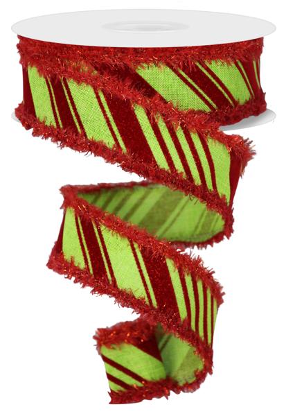 1.5"X10YD VELVET DIAG STRIPES/DRFT TNSL LIME GREEN/RED