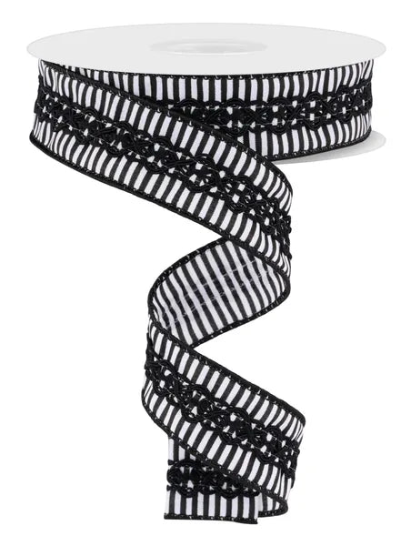 1.5"X10YD 2-IN-1 THIN STRIPE/LACE WHITE/BLACK
