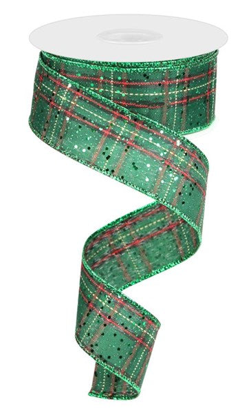1.5"X10YD PLAID W/HEX GLITTER EMERALD GREEN/RED