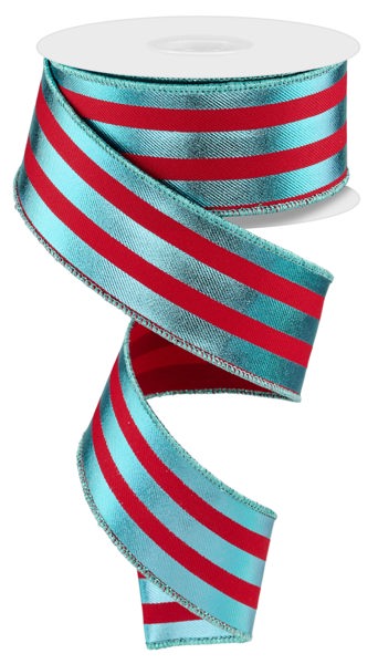 1.5"X10YD METALLIC VERTICAL STRIPES RED/ICE BLUE