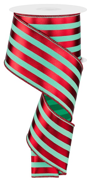 2.5"X10YD METALLIC VERTICAL STRIPES MINT/RED