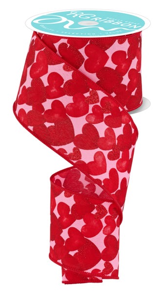 2.5"X10YD MULTI HEARTS ON PG FABRIC PINK/RED
